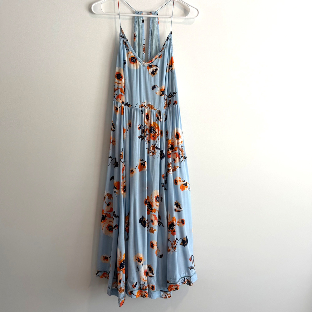 Cooperative Urban Outfitters Blue Floral Midi Dress Size 4 Spaghetti Strap V-Nec